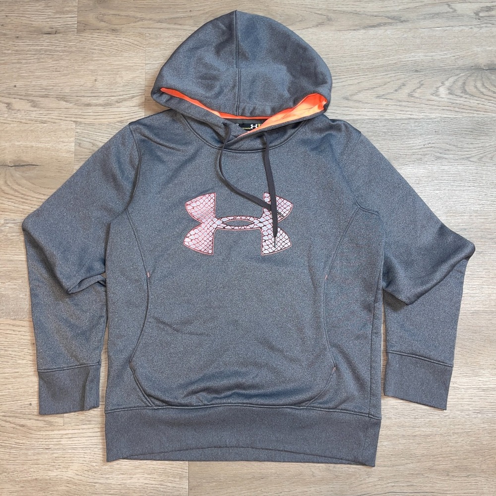 Under Armour Womens Small Hoodie Heather Grey Orange Big Logo Fleece Sweatshirt